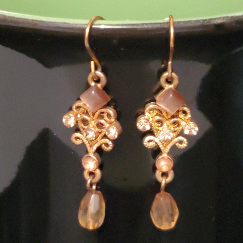 Vintage Ornate Gold & Brown Eye of Tiger Pink Beaded Dangle Earrings